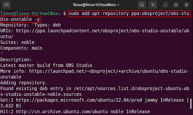 adding unstable obs studio repository on ubuntu 24.04