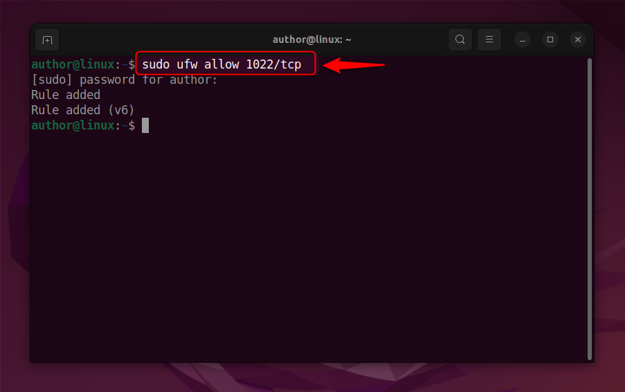 allowing tcp port 1022 on ubuntu