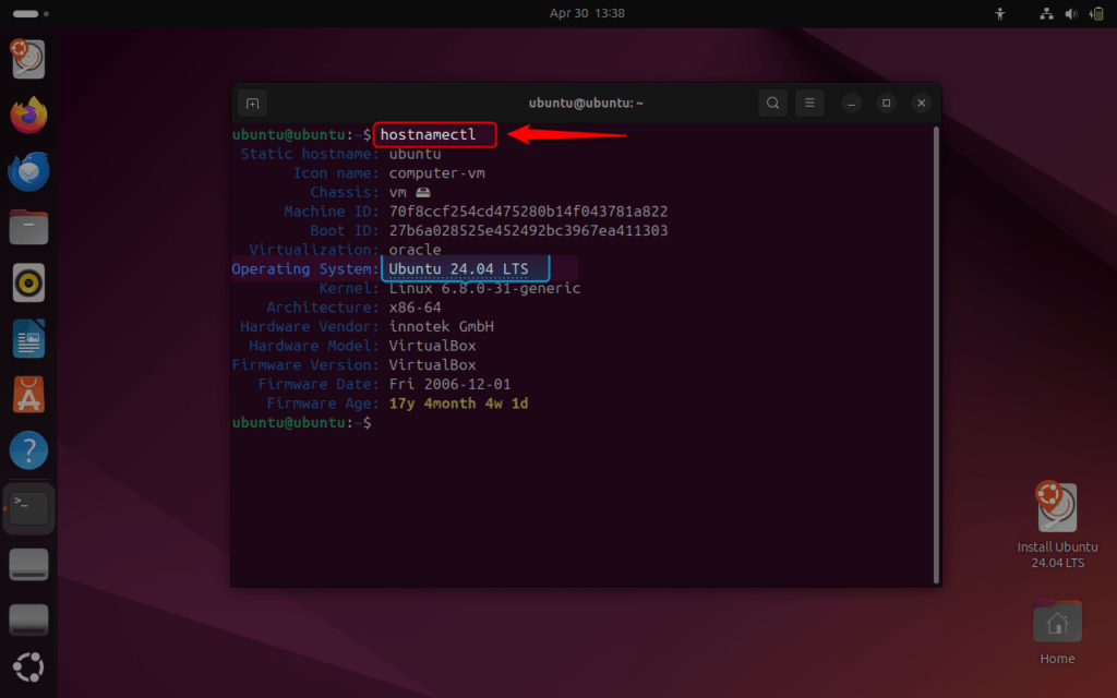 checking ubuntu 24.04 version in linux terminal