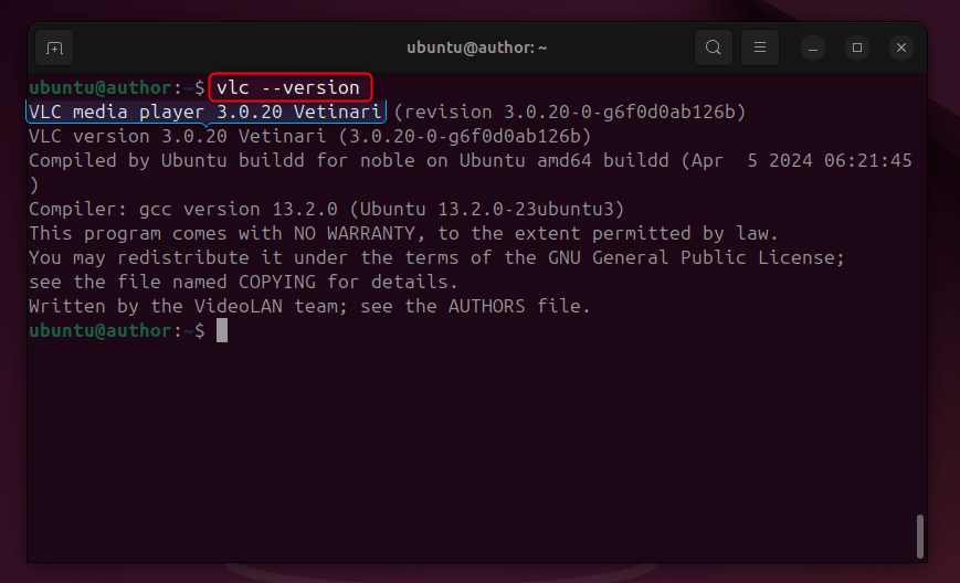 checking vlc version on ubuntu 24.04 using terminal