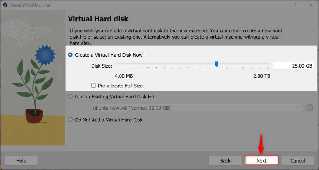 creating a virtual hard disk for ubuntu 24.04