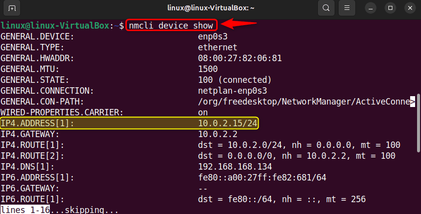 finding ip address with nmcli command on ubuntu 24.04