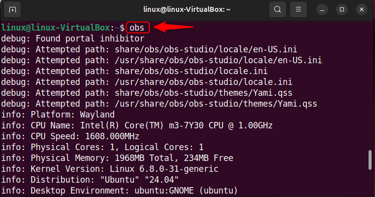 launching obs studio through terminal in ubuntu 24.04