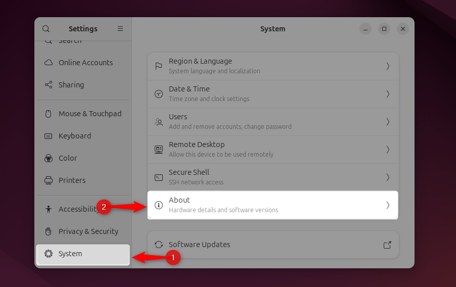 navigating to about system settings in ubuntu