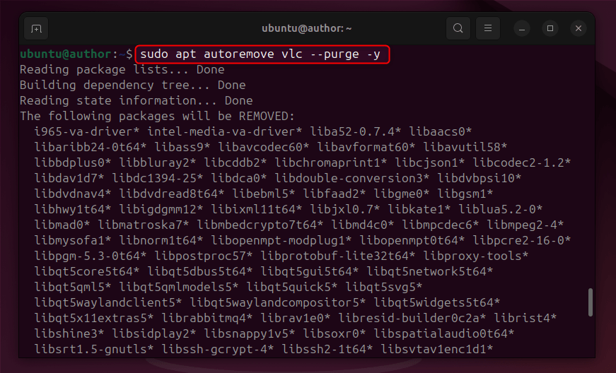 removing vlc media player from ubuntu 24.04 through apt