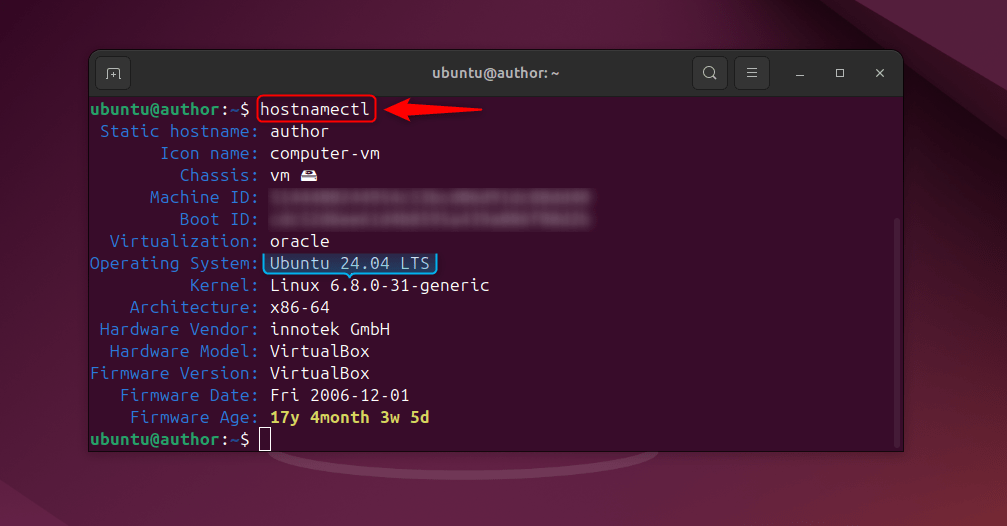 running hostnamectl command to check ubuntu version