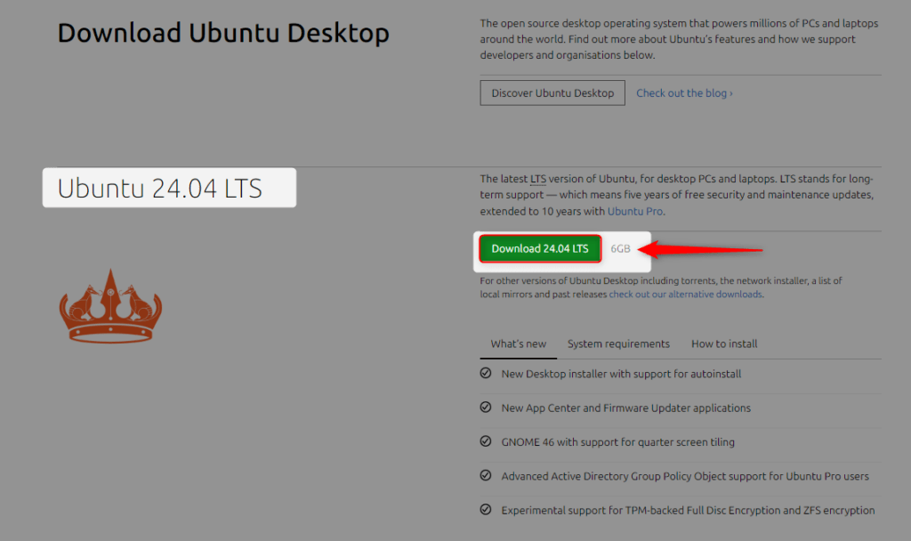 selecting download option for ubuntu 24.04 image