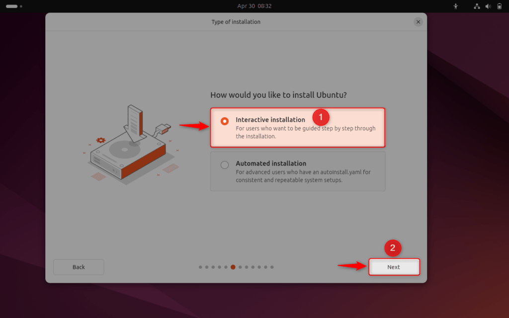 selecting interactive installation option for ubuntu 24.04 installation