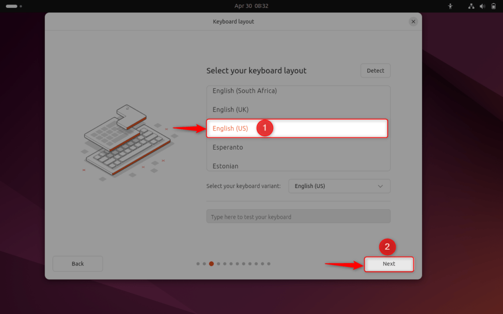selecting keyboard layout for ubuntu 24.04 machine