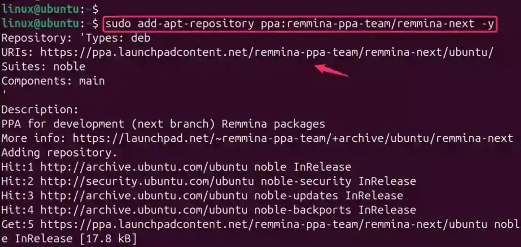 add the Remmina stable ppa on ubuntu 24.04