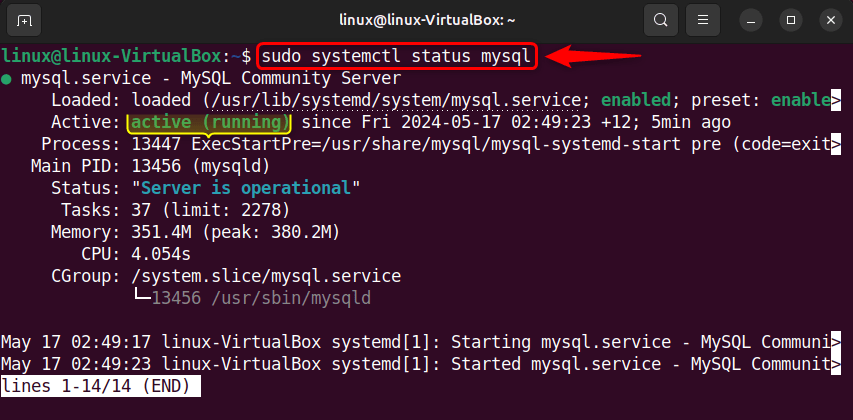 checking mysql status in ubuntu 24.04