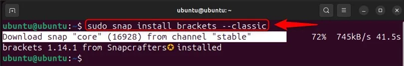installing brackets on ubuntu 24.04 using sudo snap install brackets