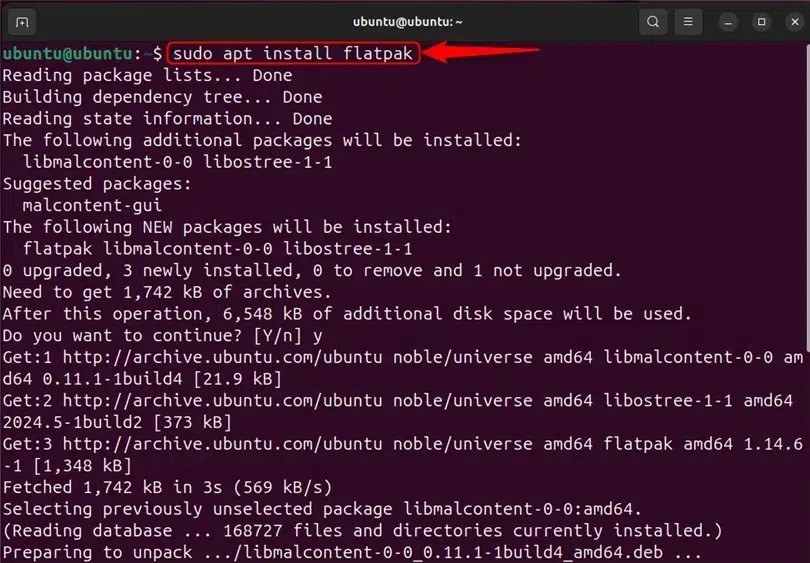 installing flatpak on ubuntu24.04 using sudo apt install flatpak