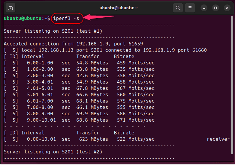 viewing iperf3 results on server on ubuntu 24.04
