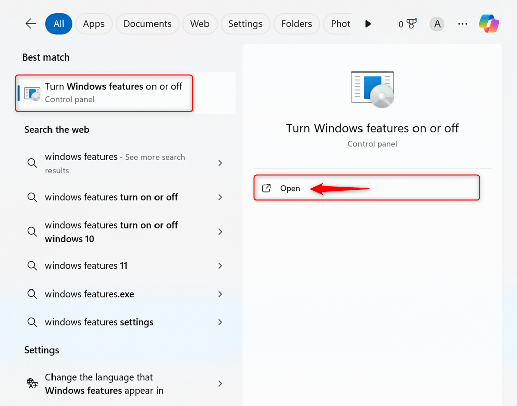 launching windows features on or off settings