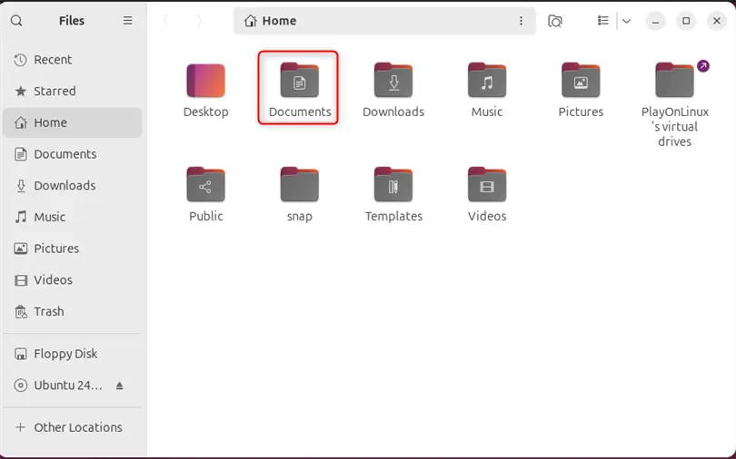 opening the documents folder of ubuntu 24.04