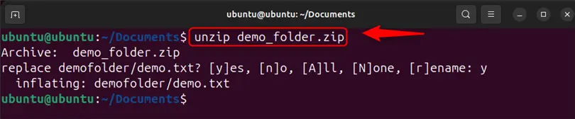 unzipping of files or folder in ubuntu 24.04 using unzip command
