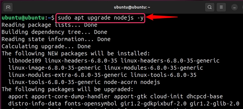 upgrading nodejs to the latest version using apt on ubuntu 24.04