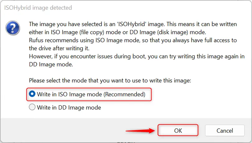 selecting the "write in iso image mode"