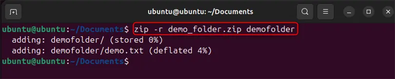 zipping folder in ubuntu 24.04 using zip command