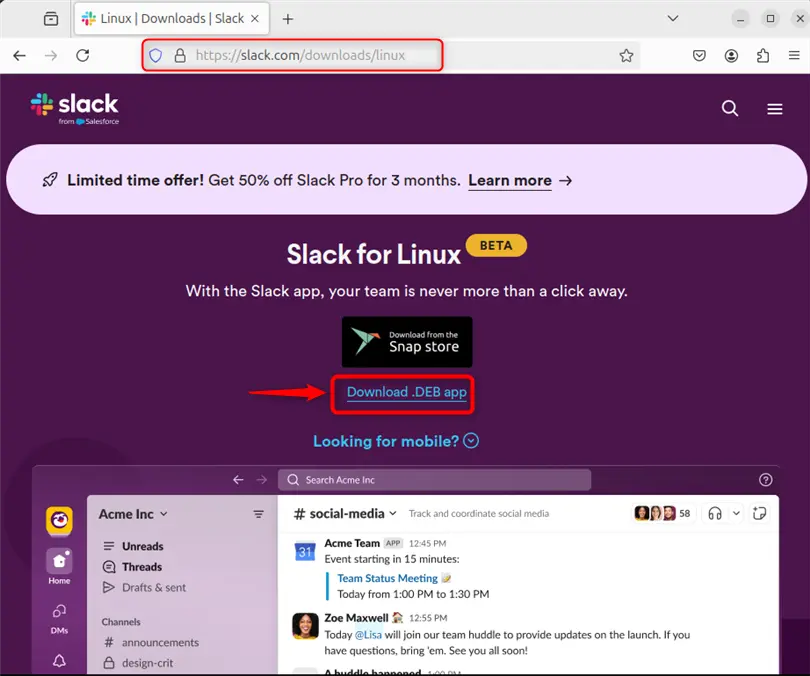 downloading slack .deb file from official website