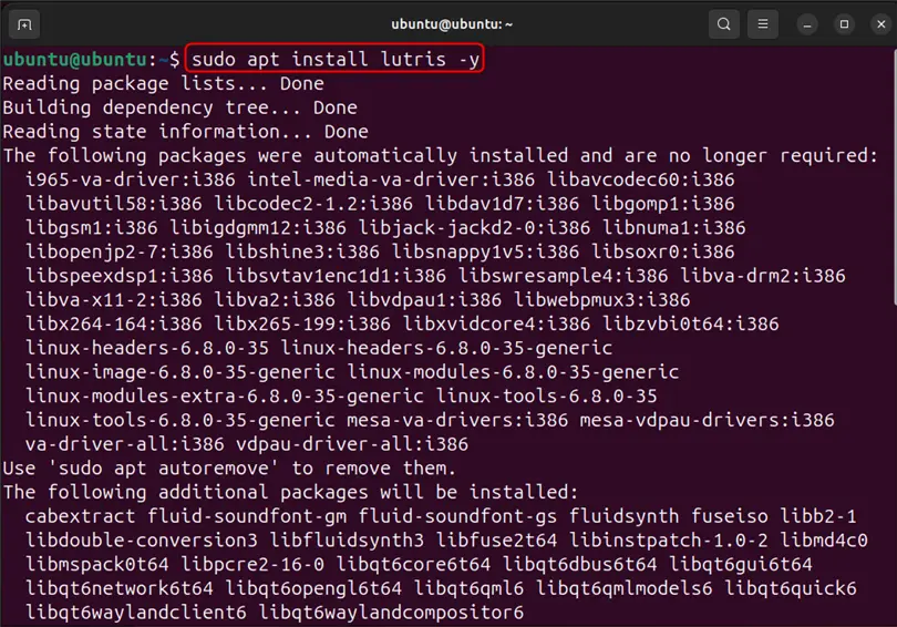 installing lutris on ubuntu 24.04 using sudo apt install lutris