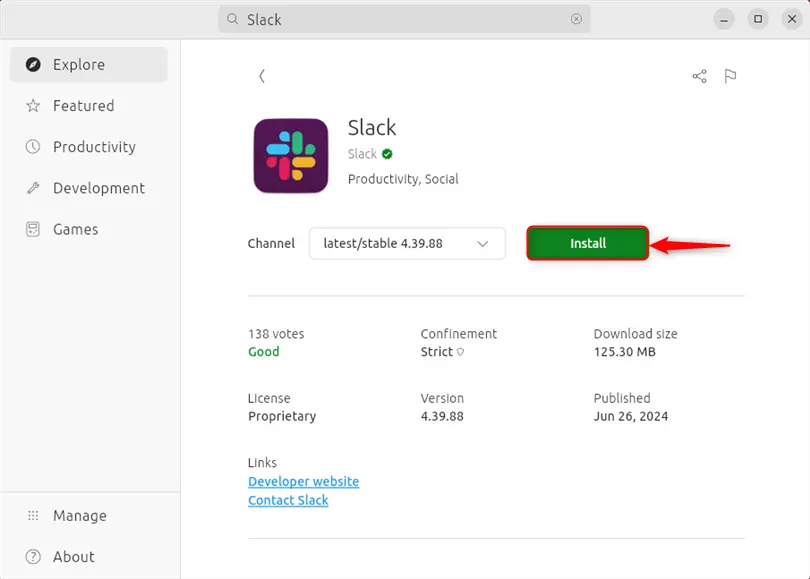 installing slack on ubuntu 24.04 using app center