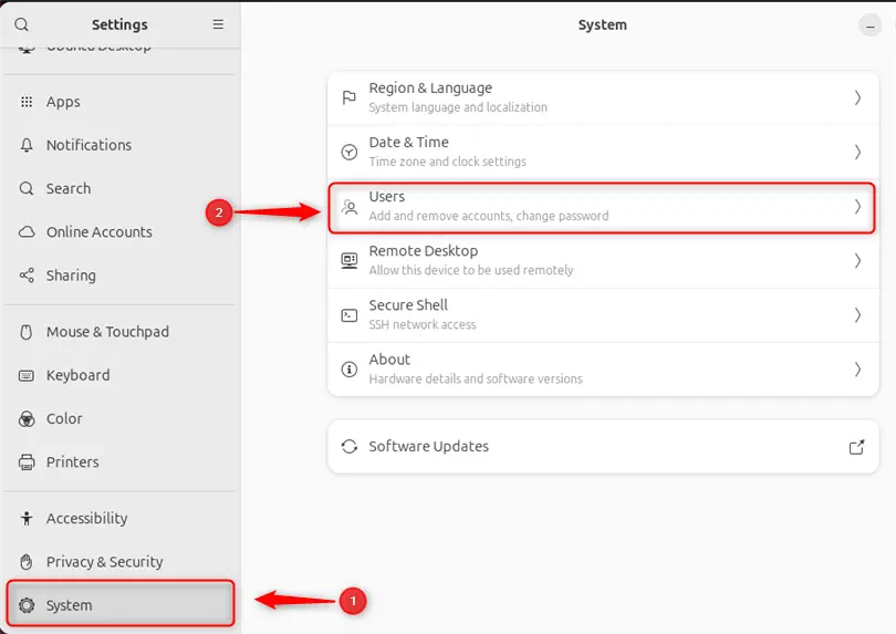 navigating to users settings in settings app