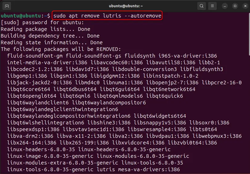 removing lutris from ubuntu 24.04 using apt