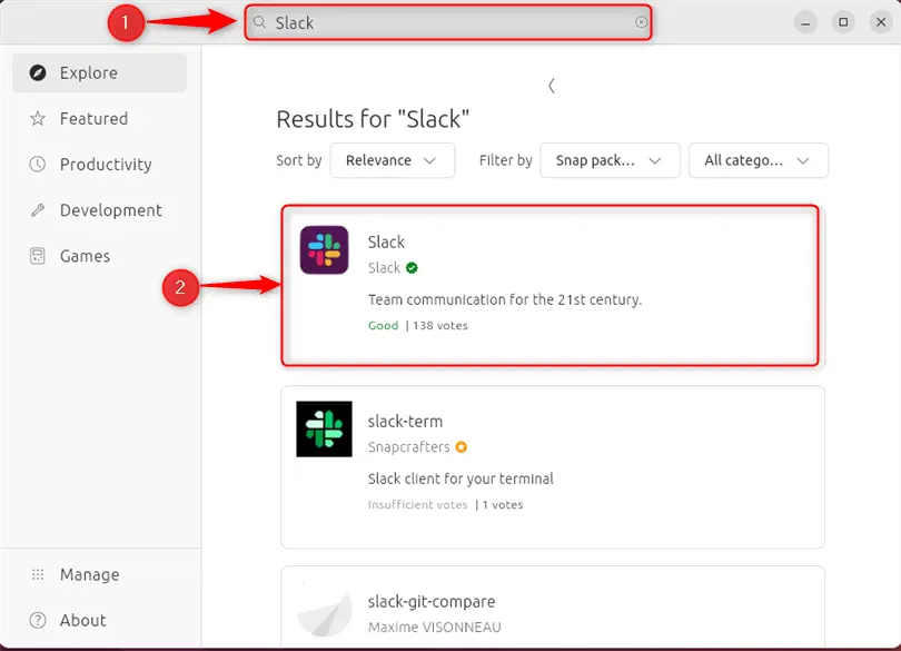 searching slack app in app center