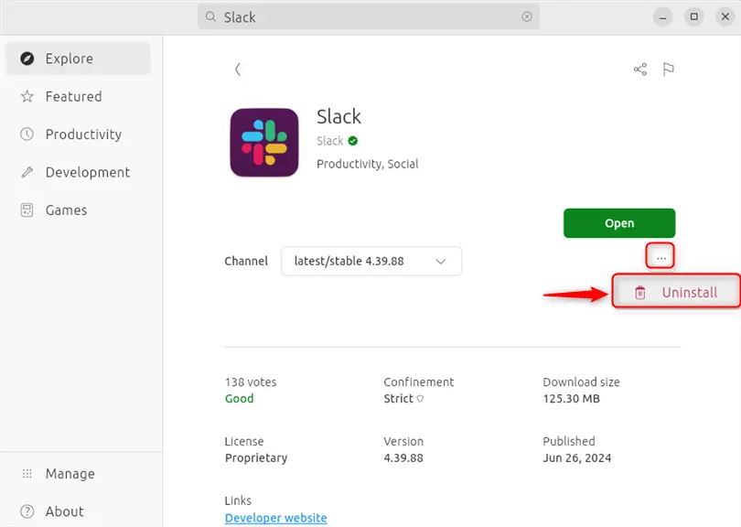 uninstalling slack from ubuntu 24.04 using app center