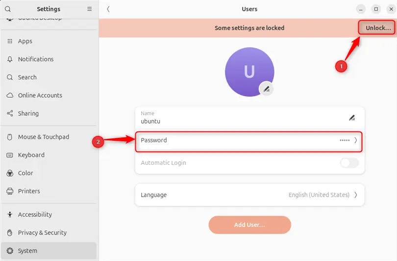 unlocking the user in ubuntu settings